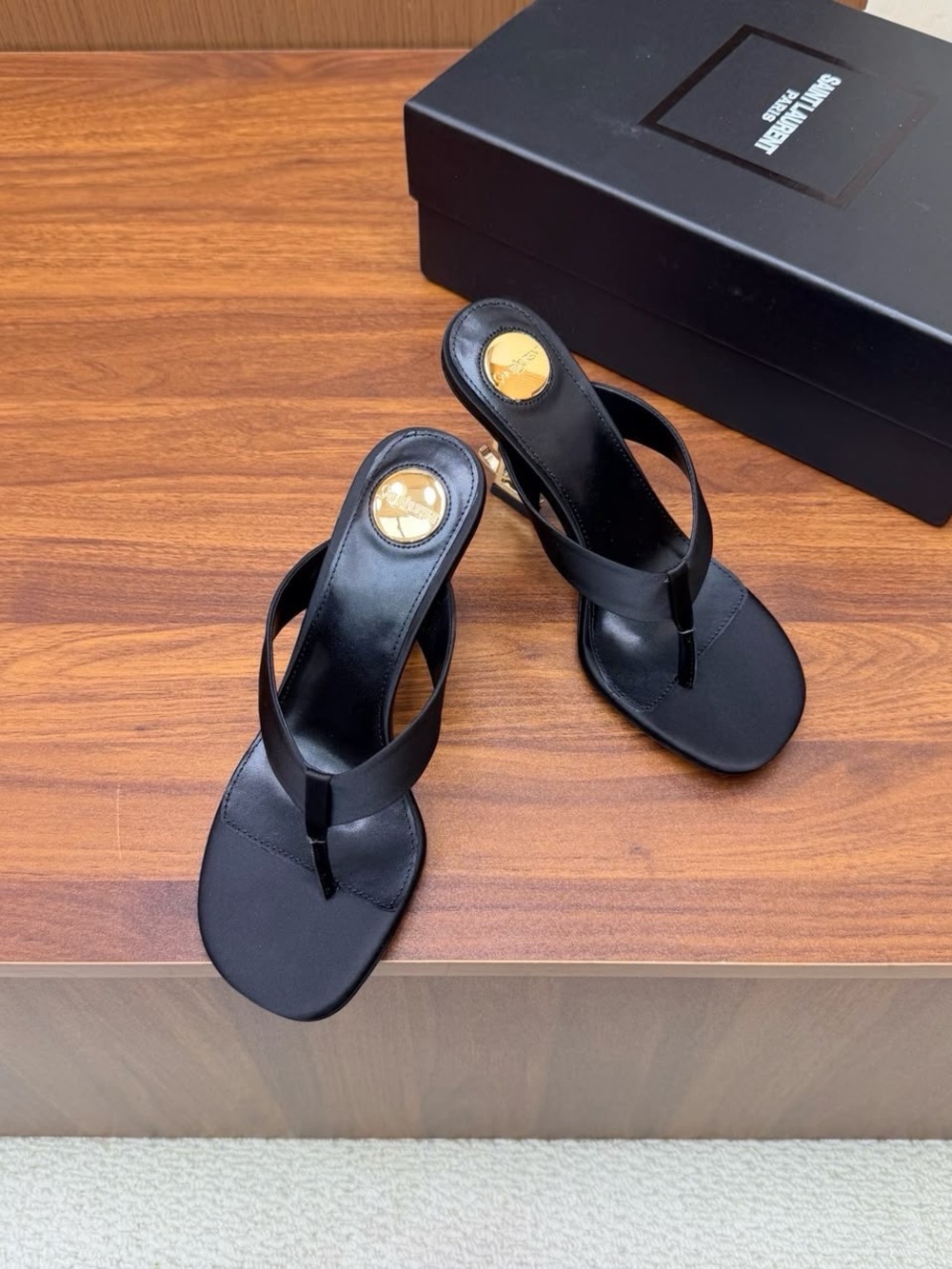 Yves Saint Laurent Black Thong Heel Sandals with Gold Logo Accent